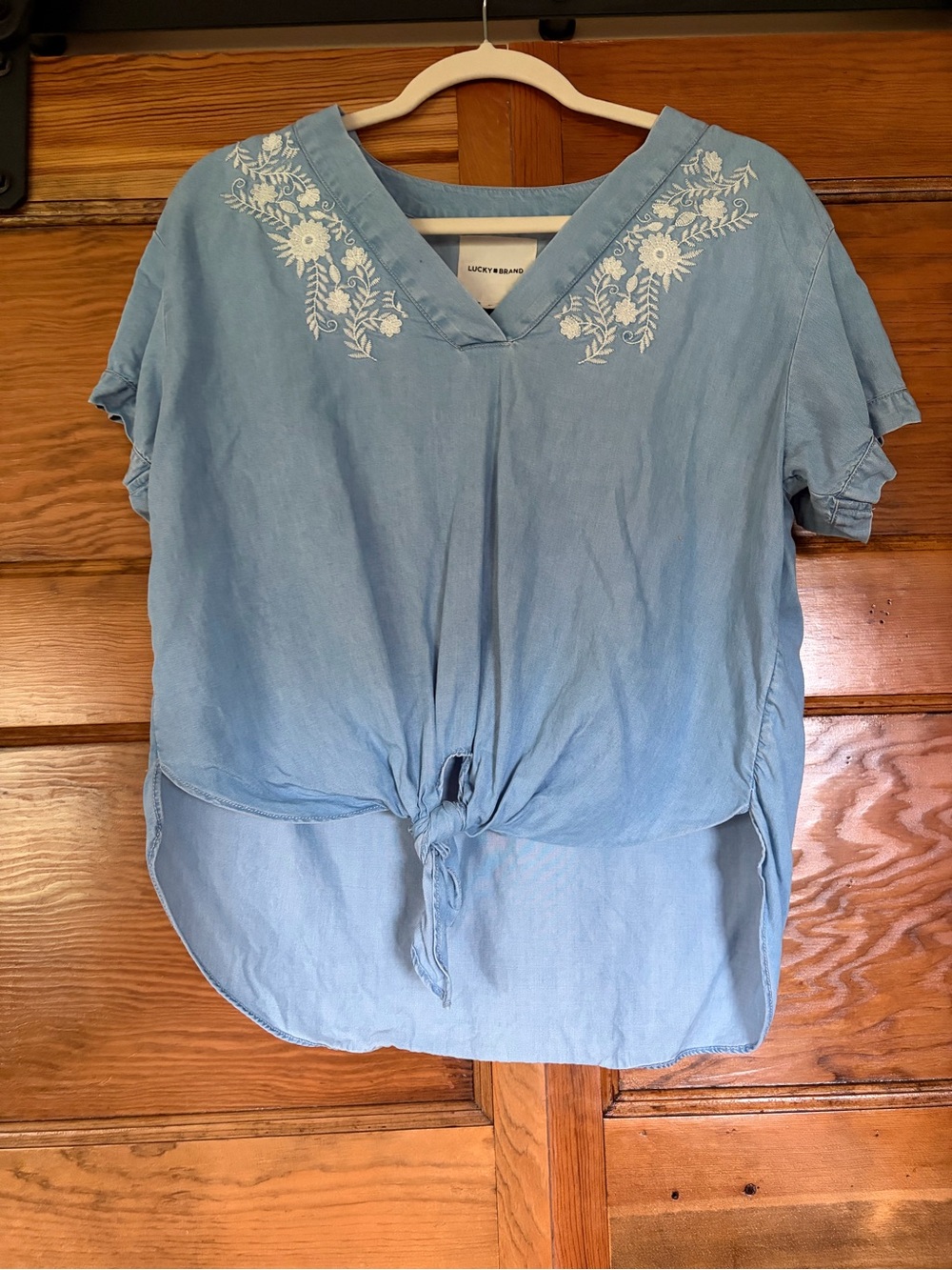 Soft Lucky Brand Light Blue Embroidered Tie-Top